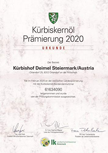 1000ml Original Steirisches Kürbiskernöl g.g.A. vom Kürbishof DEIMEL - Mit Herkunftsgarantie - Direkt von uns als Erzeuger geliefert - Jährlich prämierter Kürbiskernölerzeuger - 2