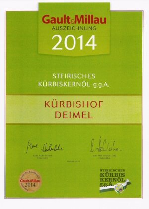 Günstiges Probierangebot 2x500 ml Kürbishof DEIMELs Steirisches Kürbiskernöl ggA. Direkt von uns als Erzeuger geliefert. Das Original Kürbisöl 100% rein! Kürbishof DEIMEL wurde prämiert durch Gault&Millau Österreich und ist prämierter Erzeuger von Steirischem Kürbiskernöl in der Steiermark / Austria. - 2